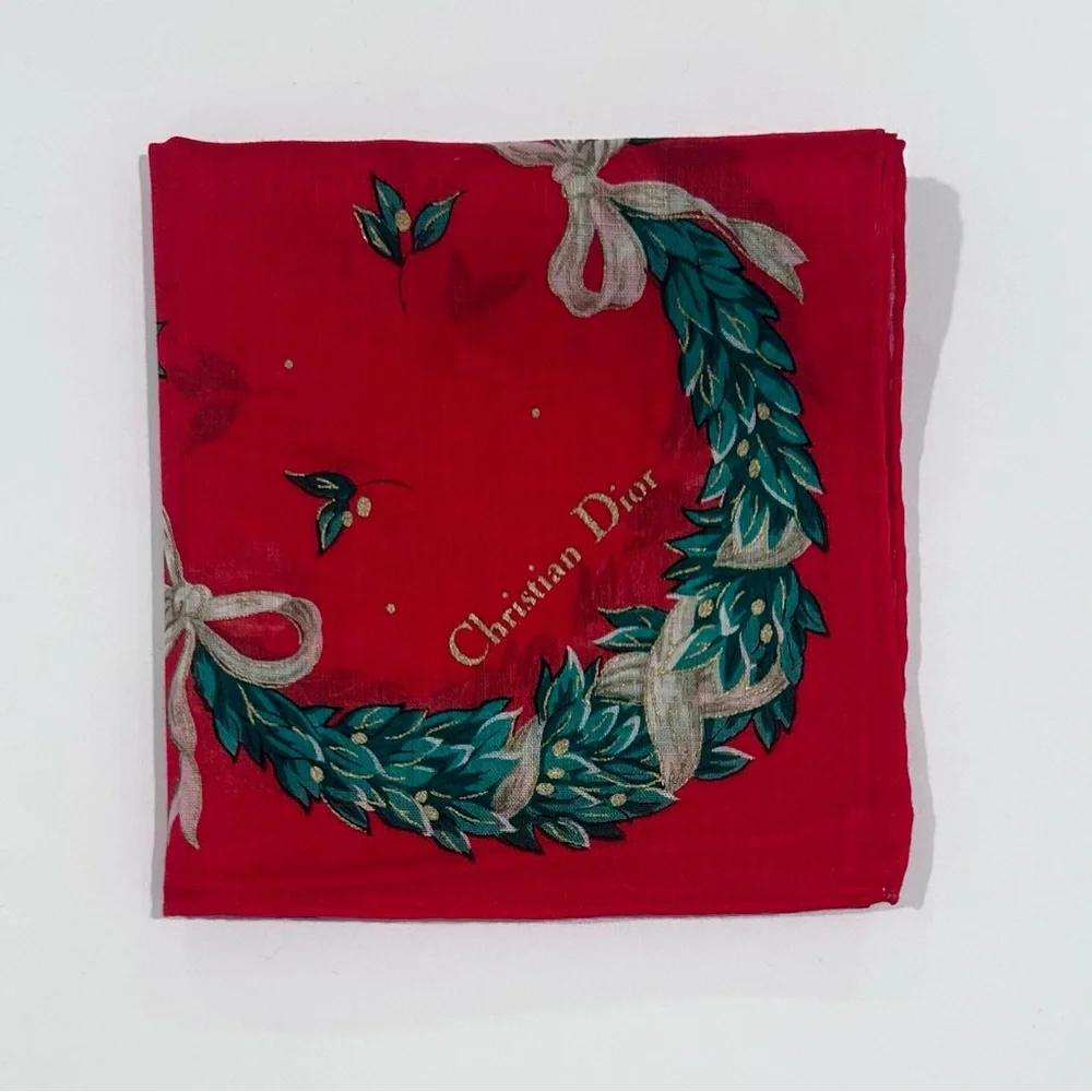 WOMEN HANDKERCHIEF CHRISTIAN DIOR Red Holiday Wreath Bow Scarf Bandan COTTON 18”